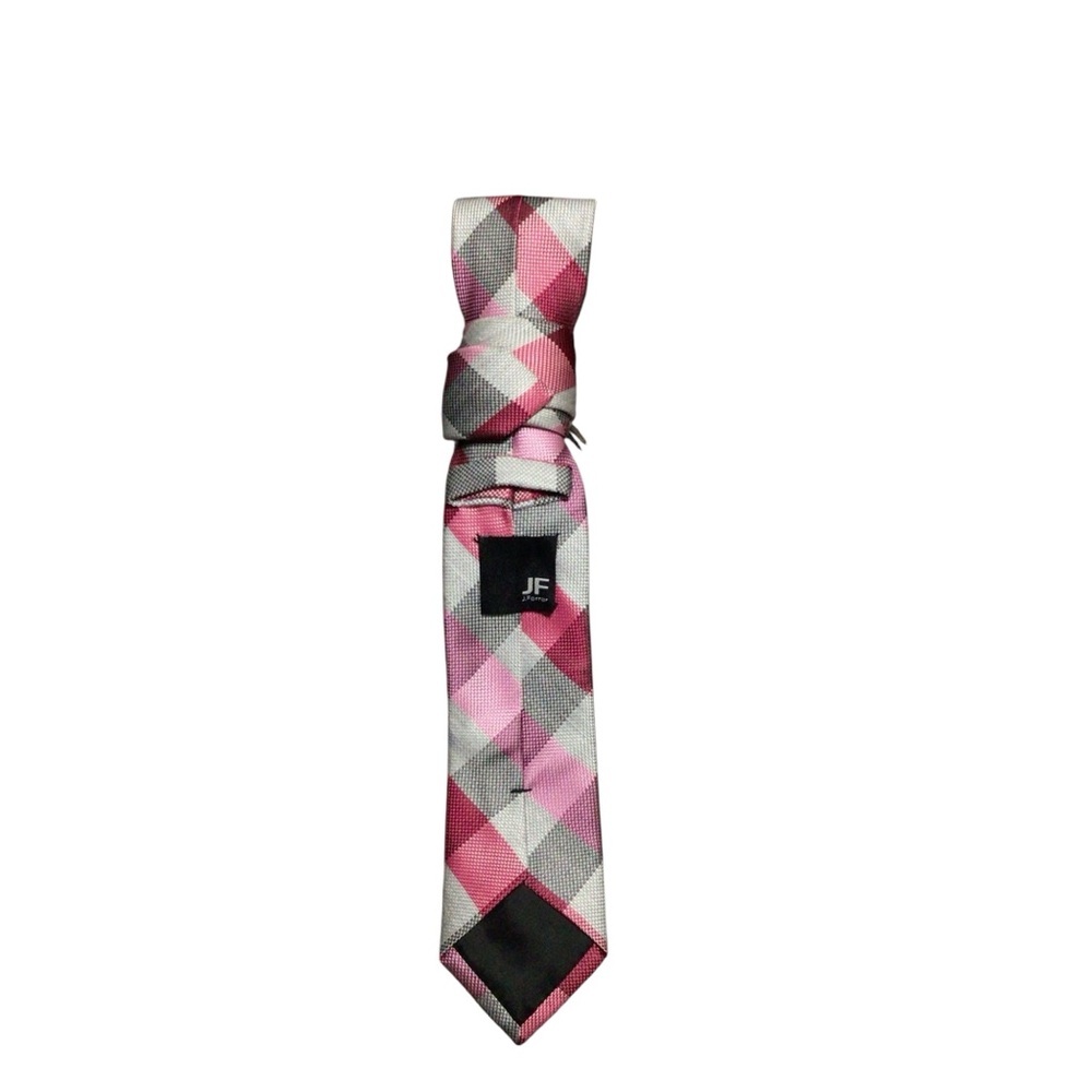 Pink and Gray Checkered Necktie with Bird Brooch - Picture 2 of 2